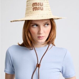 Miu Miu Palmetto Straw Hat with Adjustable Leather Strap